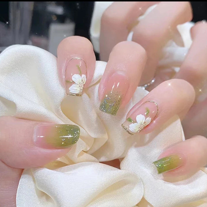Fake nail green ombre glitter With 24pcs + 1pc Jelly Glue P105