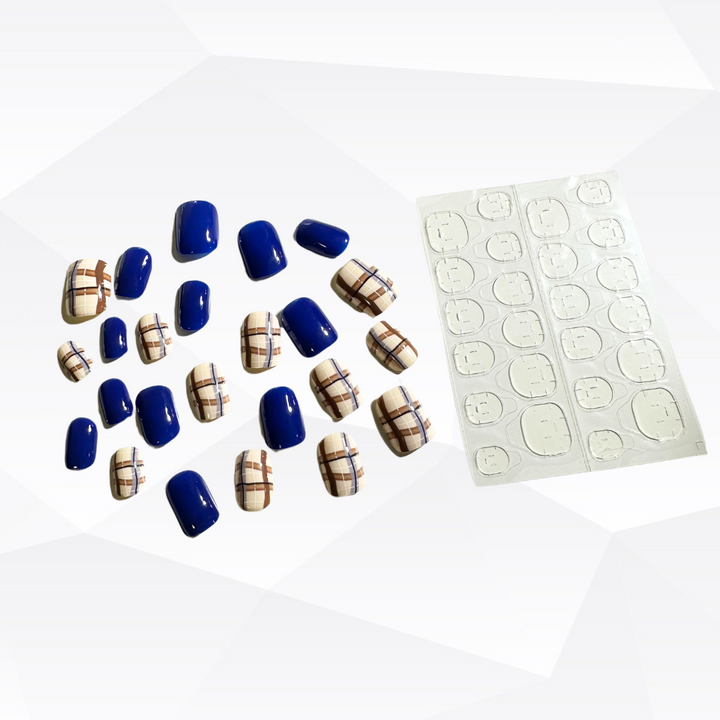 24pcs Deep Blue with design square False Nails + 1pc Jelly Glue P111