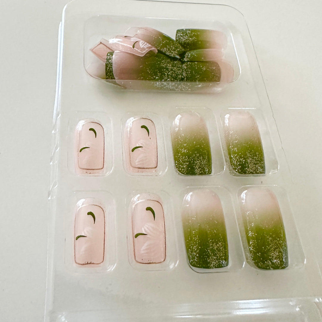 Fake nail green ombre glitter With 24pcs + 1pc Jelly Glue P105