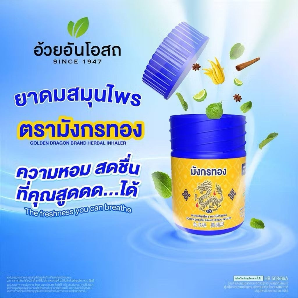 Golden Dragon brand herbal inhaler ยาดมสมุนไพร ตรามังกรทอง อ้วยอันโอสถ