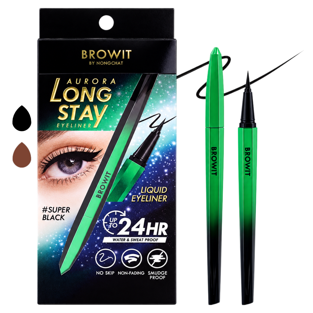 BROWIT Aurora Long Stay Eyeliner liquid eyeliner shown in its retail box alongside two pen views: one filled with bright green ink and one empty. The packaging features a black and blue starry design with gold text, and the product is labeled as Super Black.