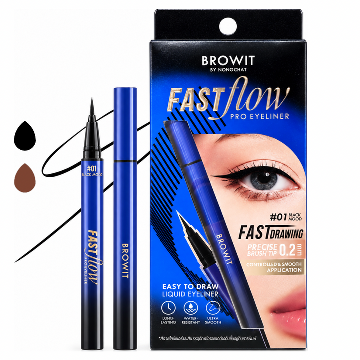 BROWIT BY MONUCHAR Fastflow Pro Eyeliner in a blue and black packaging box, shown alongside two blue and black applicator pens and three color swatches (black, brown, and dark brown) on a white background.