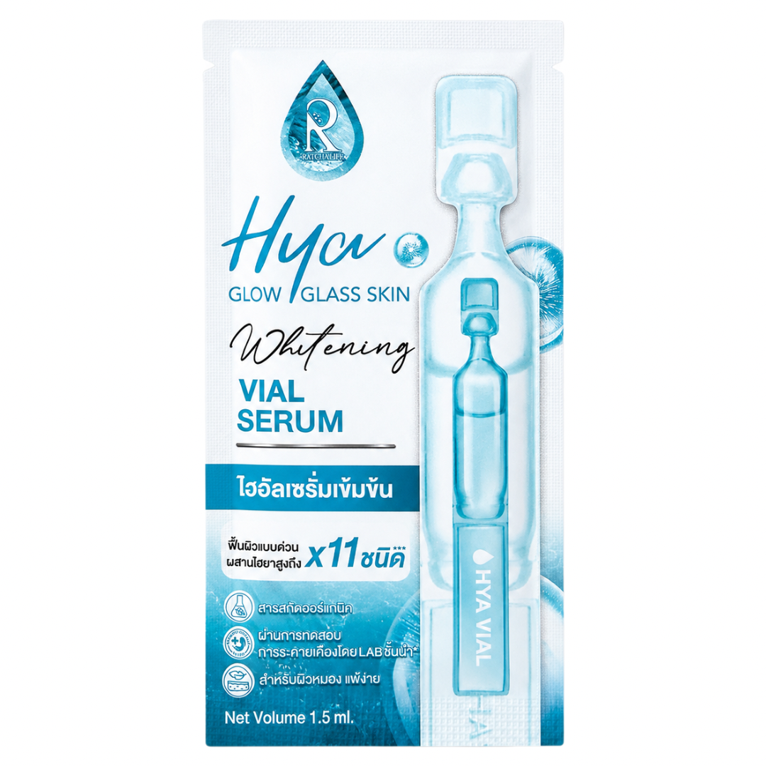 Hydra Vial Serum Whitening vial pack, featuring a 1.5 mL glass ampoule shown through its white and blue retail packaging with Thai text.