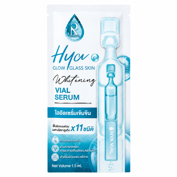 Hydra Vial Serum Whitening vial pack, featuring a 1.5 mL glass ampoule shown through its white and blue retail packaging with Thai text.